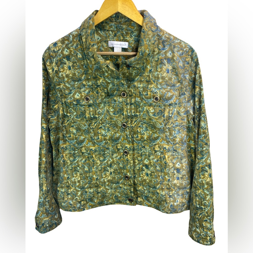 Christopher & Banks Medium‎ Green Gold Jacket Bronze Buttons Lightweight